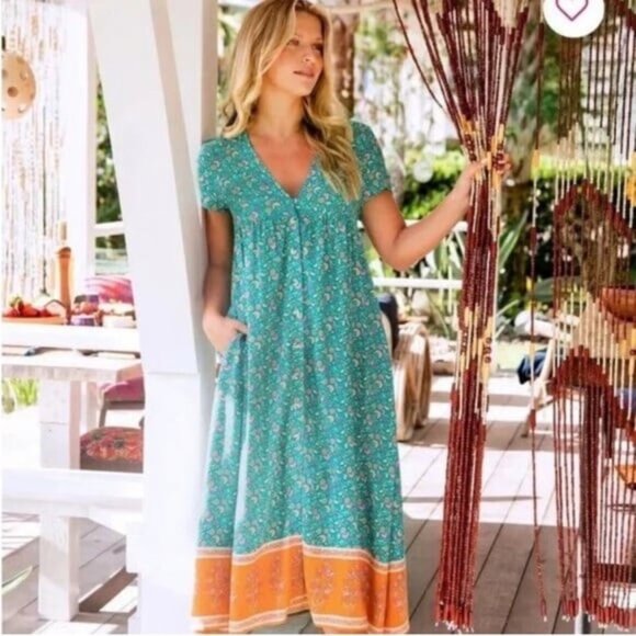 Natural Life Avery Midi Dress in Teal and Orange Boho Floral Pockets Cottagecore - Picture 3 of 14